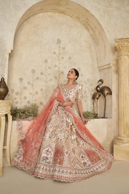 Intricately Embroidered Cream Zari Lehenga with Royal Motifs Silk lehenga with Soft Net dupatta 2111