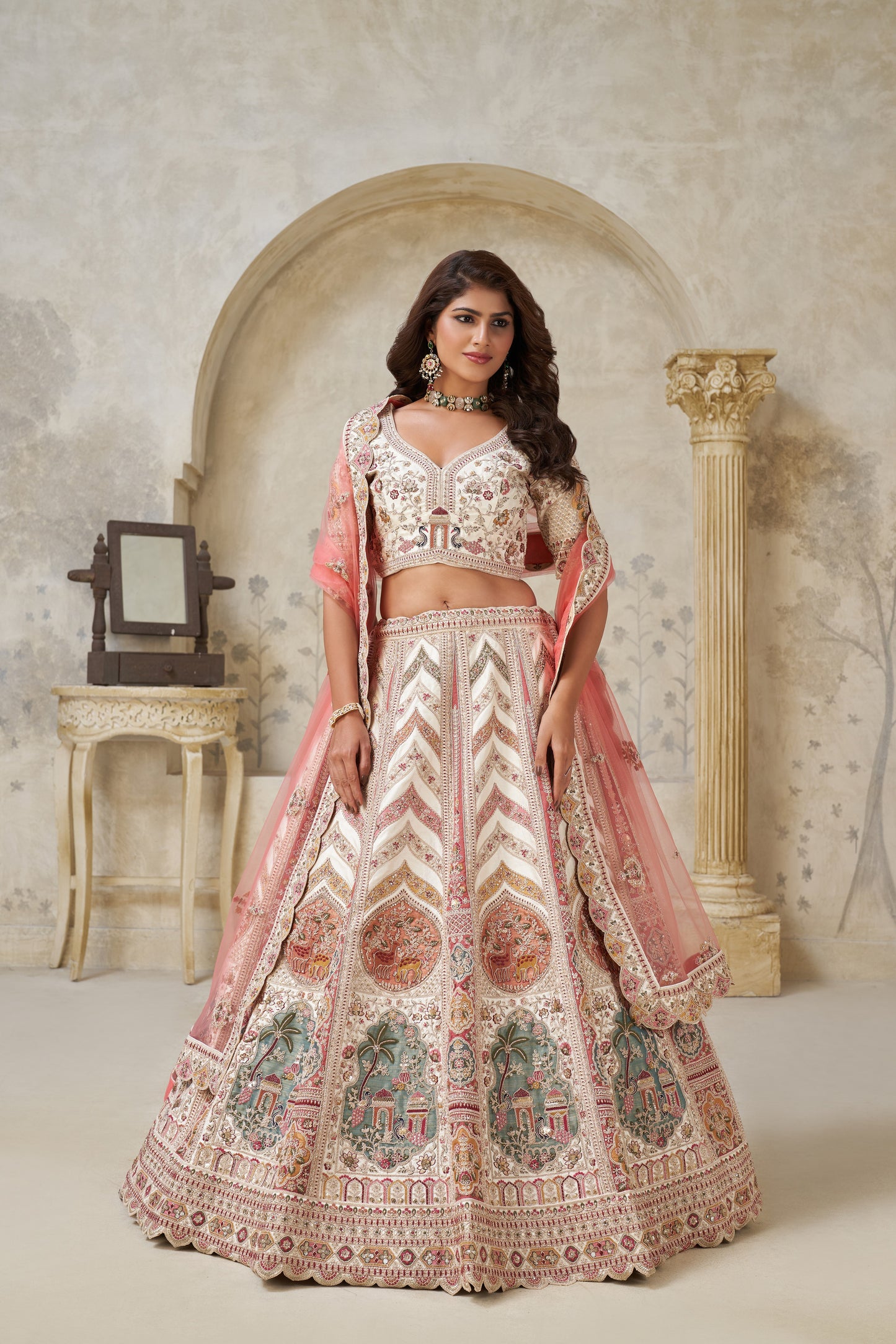 Designer Lehenga with Paisley Motifs & White Dori Work Silk lehenga with Soft Net dupatta 2112