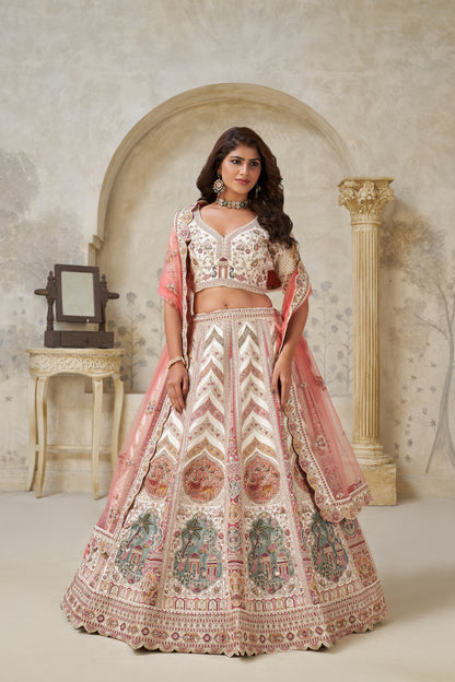 Designer Lehenga with Paisley Motifs & White Dori Work Silk lehenga with Soft Net dupatta 2112