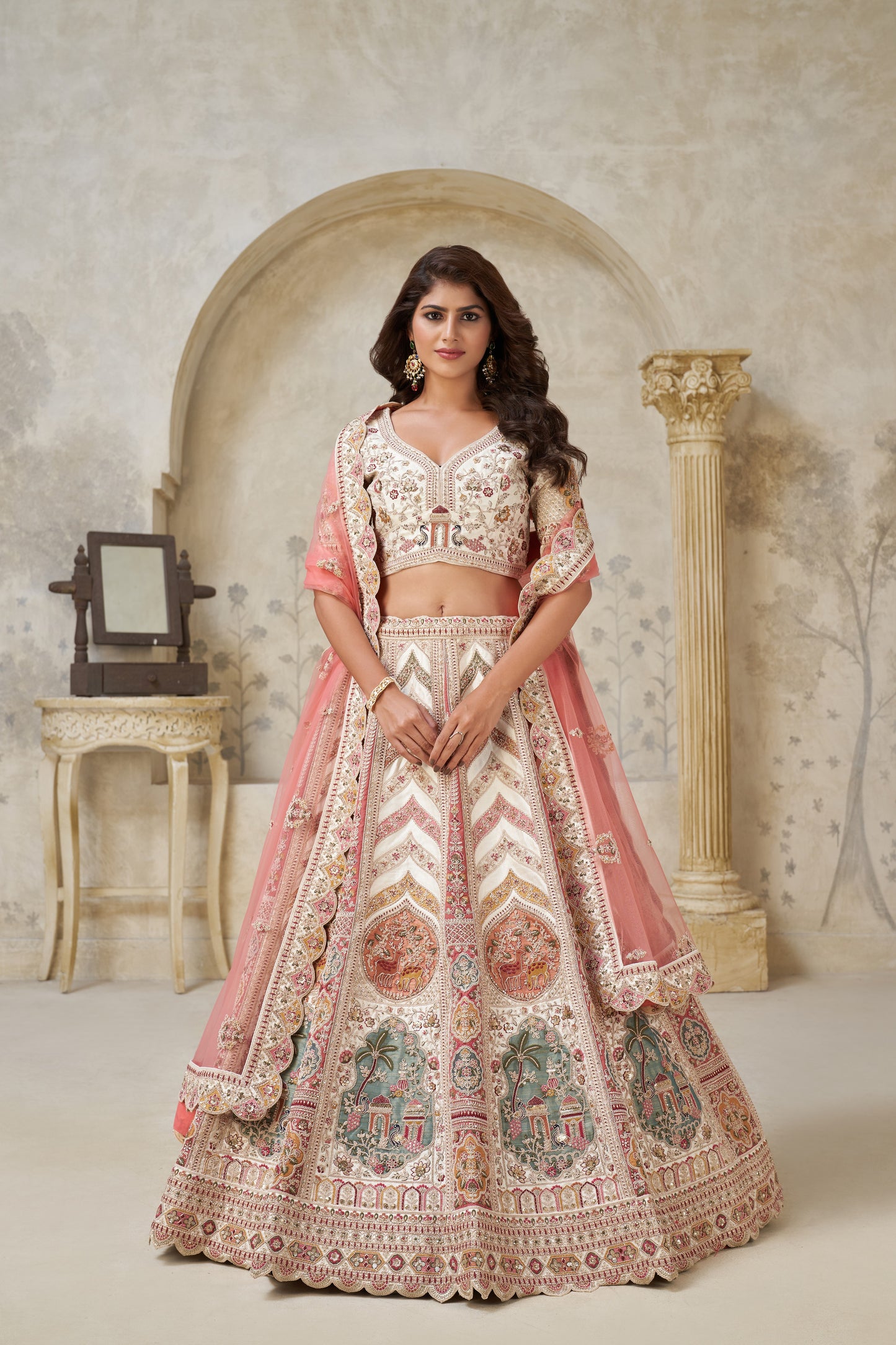 Designer Lehenga with Paisley Motifs & White Dori Work Silk lehenga with Soft Net dupatta 2112