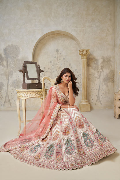 Designer Lehenga with Paisley Motifs & White Dori Work Silk lehenga with Soft Net dupatta 2112