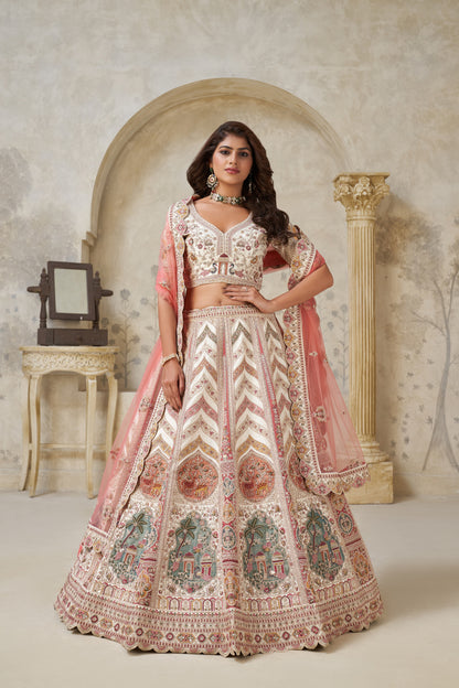 Designer Lehenga with Paisley Motifs & White Dori Work Silk lehenga with Soft Net dupatta 2112