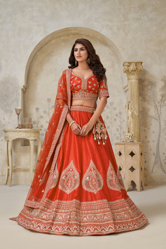 Trendy Rust Wedding Lehenga with Leaf Embroidery Silk lehenga with Soft Net dupatta 2144