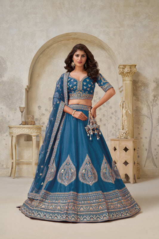 Teal Blue Elegant wedding lehenga with zariwork Silk lehenga with Soft Net dupatta 2144