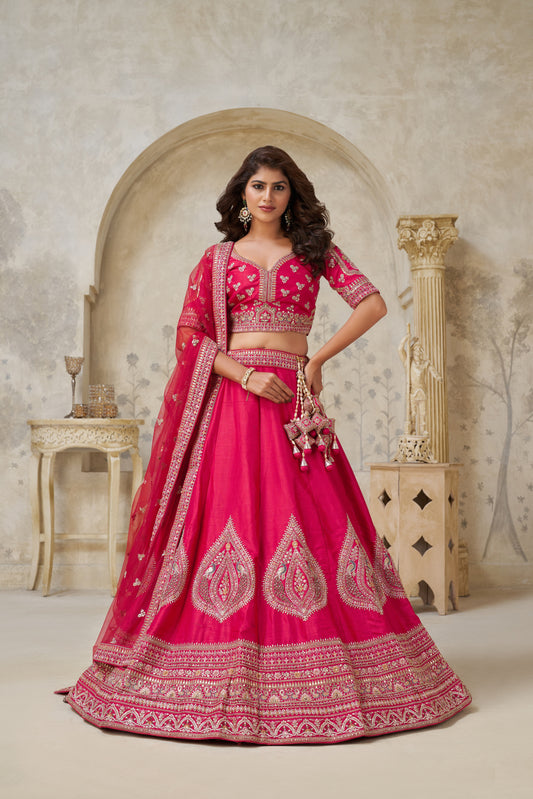 Pink Wedding Lehenga with Leaf Embroidery Silk lehenga with Soft Net dupatta 2144