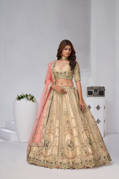 Designer Cream Raw Silk Lehenga for Festive Glam Banarsi Silk lehenga with Soft Net dupatta 2151
