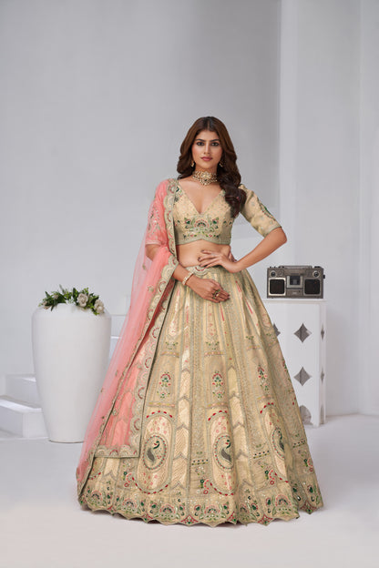 Designer Cream Raw Silk Lehenga for Festive Glam Banarsi Silk lehenga with Soft Net dupatta 2151