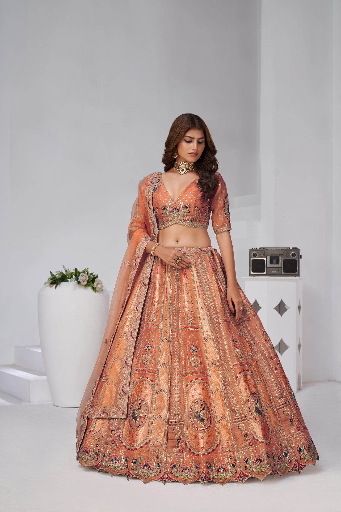 Designer Cream Raw Silk Lehenga for Festive Glam Banarsi Silk lehenga with Soft Net dupatta 2151
