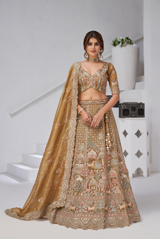 Designer Bridal Lehenga with Temple, Auspicious Cow Motifs for a Traditional Look  Organza Tissue lehenga with  Organza Tissue dupatta 2156"