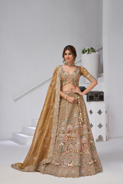 Designer Bridal Lehenga with Temple, Auspicious Cow Motifs for a Traditional Look  Organza Tissue lehenga with  Organza Tissue dupatta 2156"