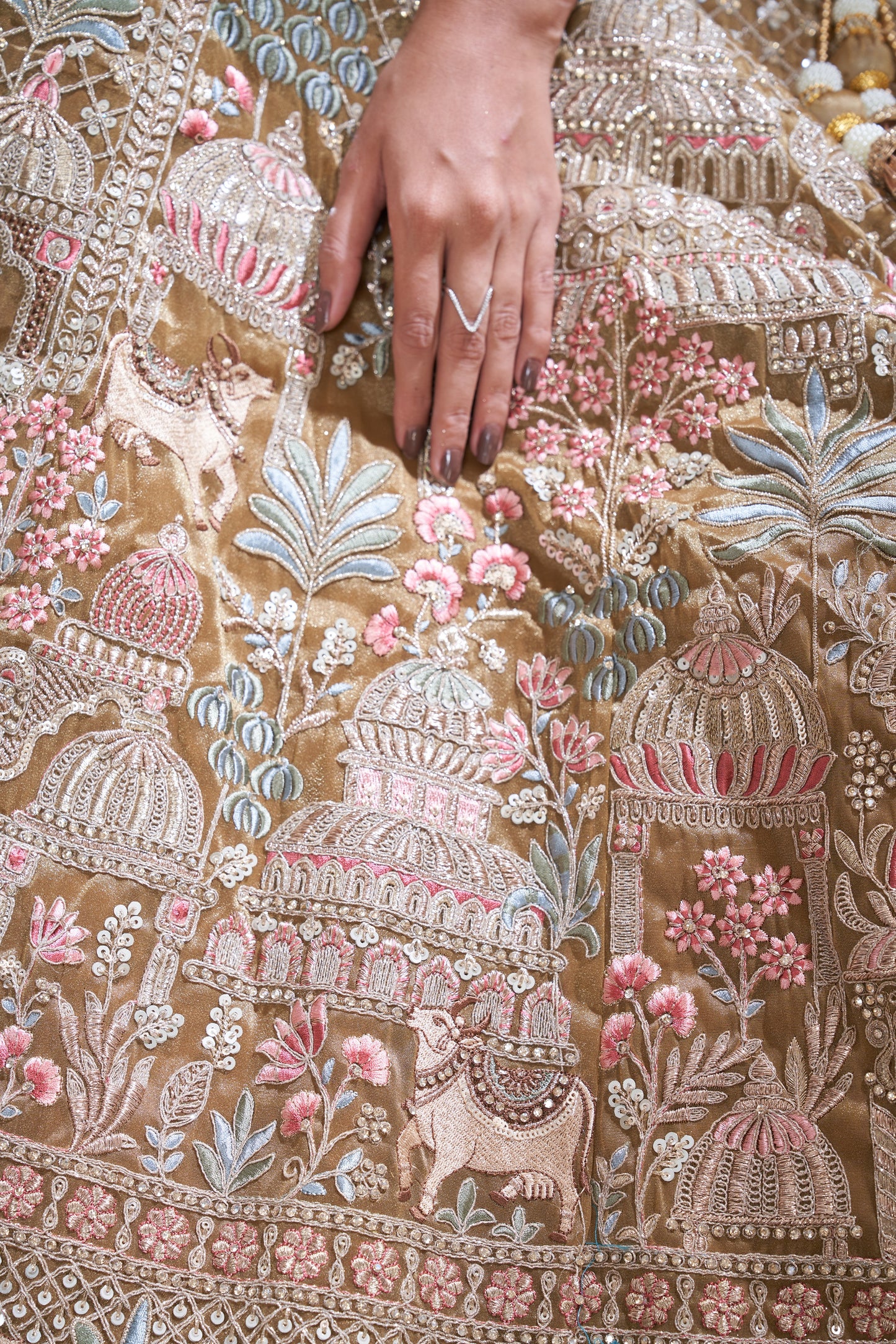 Designer Bridal Lehenga with Temple, Auspicious Cow Motifs for a Traditional Look  Organza Tissue lehenga with  Organza Tissue dupatta 2156"