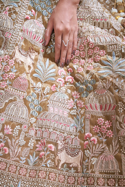 Designer Bridal Lehenga with Temple, Auspicious Cow Motifs for a Traditional Look  Organza Tissue lehenga with  Organza Tissue dupatta 2156"