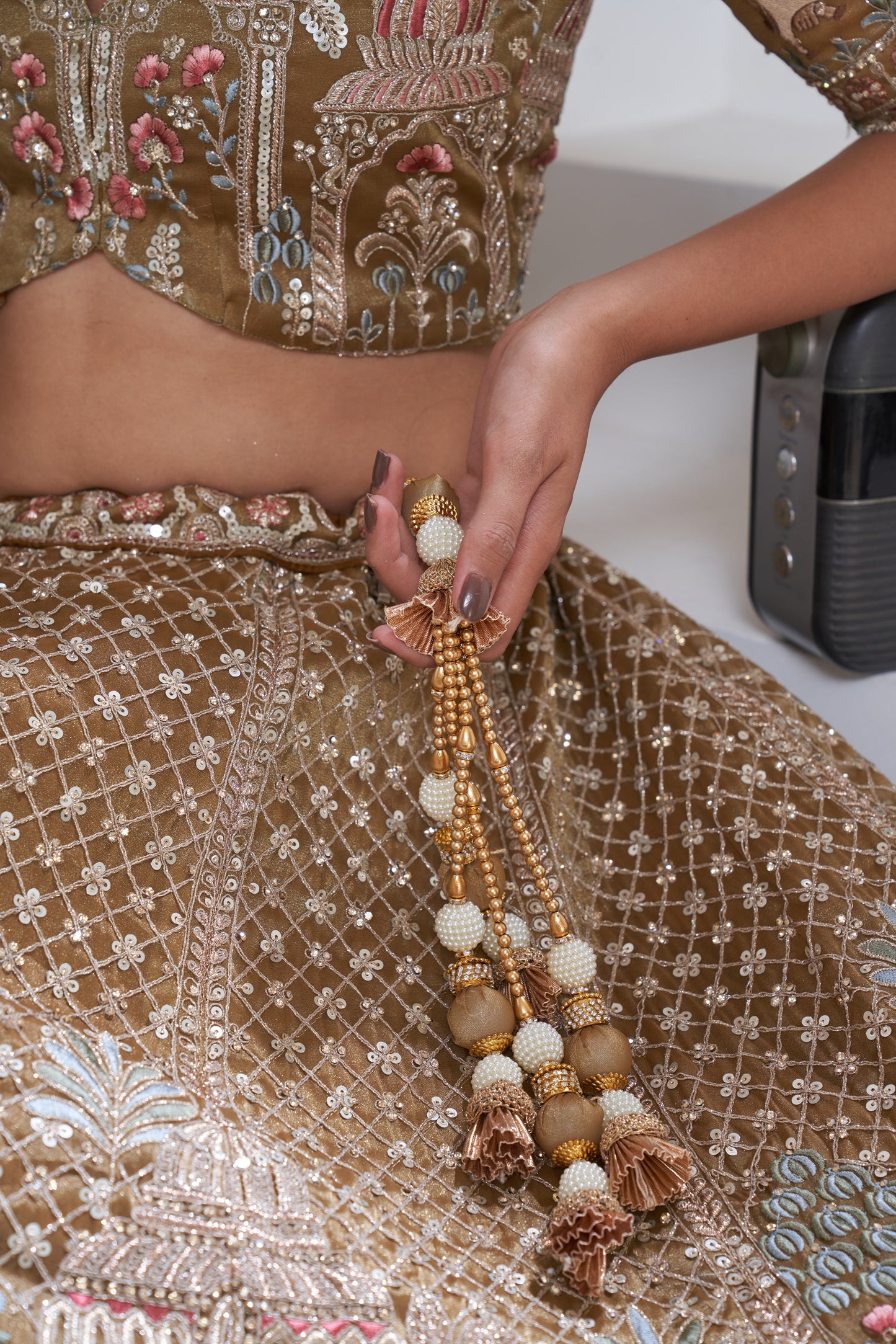 Designer Bridal Lehenga with Temple, Auspicious Cow Motifs for a Traditional Look  Organza Tissue lehenga with  Organza Tissue dupatta 2156"