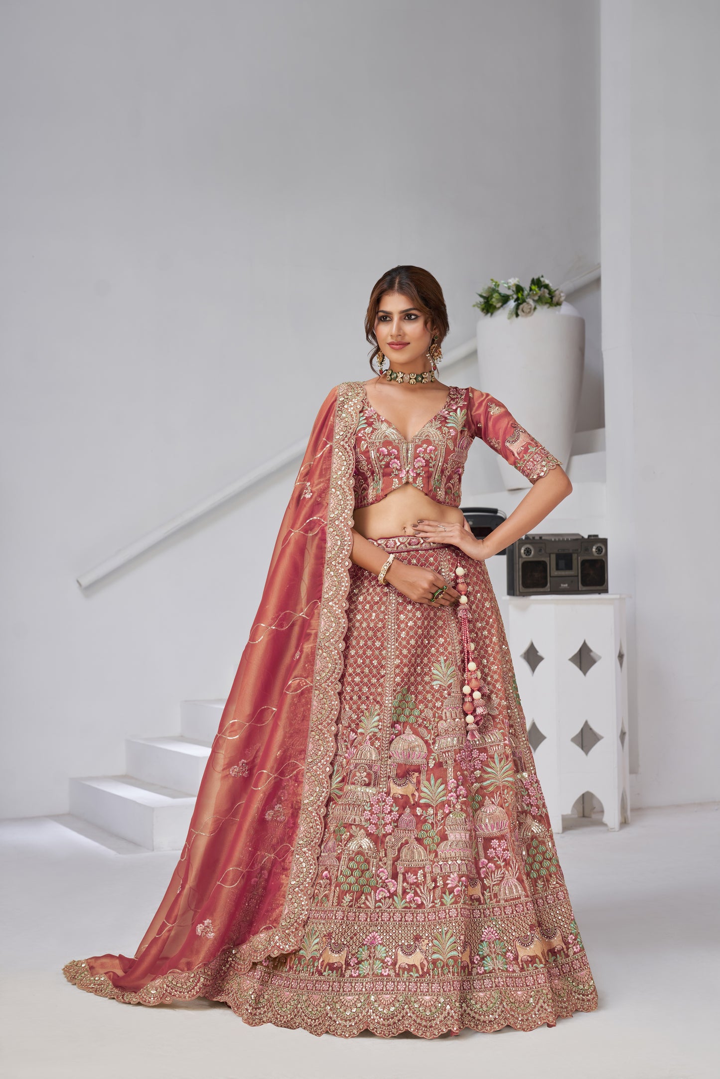 Designer Bridal Lehenga with Temple, Auspicious Cow Motifs for a Traditional Look  Organza Tissue lehenga with  Organza Tissue dupatta 2156"