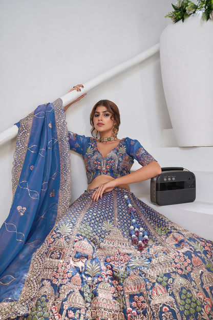 Designer Bridal Lehenga with Temple, Auspicious Cow Motifs for a Traditional Look  Organza Tissue lehenga with  Organza Tissue dupatta 2156"