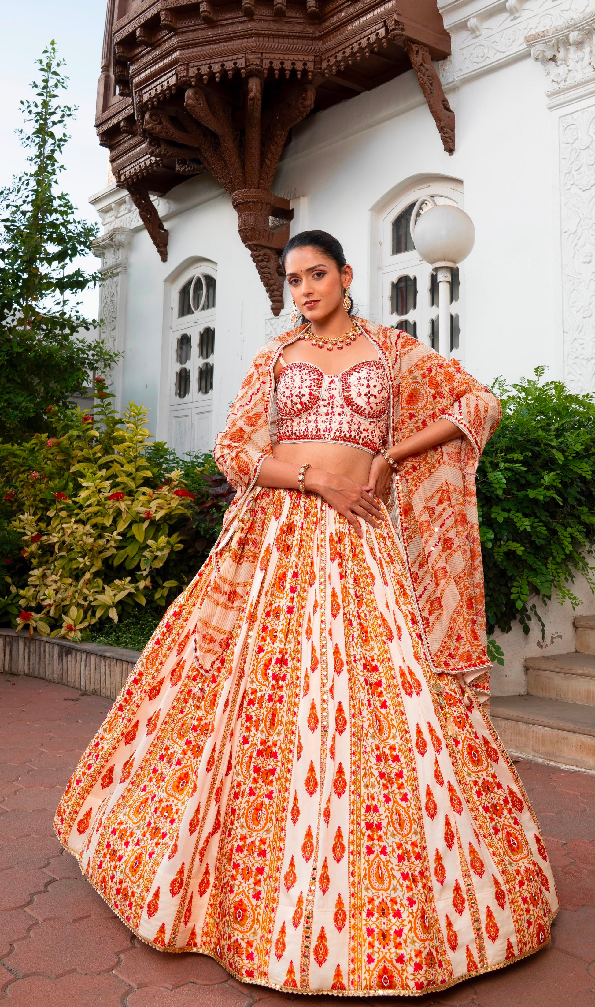 White Orange Crop Top Lehenga - Shopping World