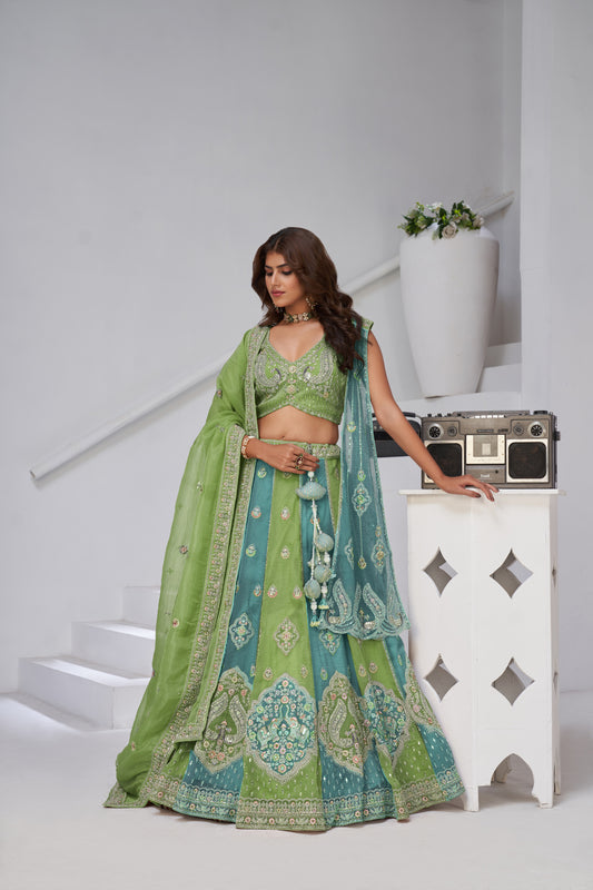 Mustard & Green Double Dupatta Lehenga with Intricate Zari and Resham Work Georgette Tissue lehenga with Georgette Tissue dupatta 2170
