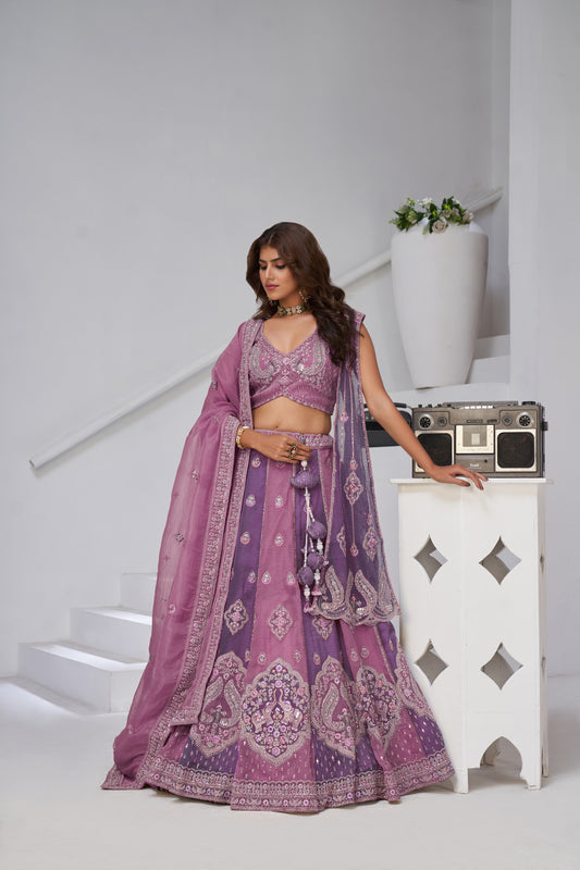 Purple and Pink Double Dupatta Lehenga with Intricate Zari and Resham Work Georgette Tissue lehenga with Georgette Tissue dupatta 2170