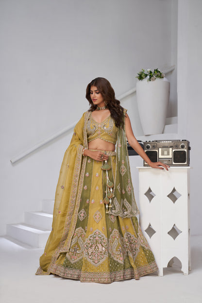 Yellow Double Dupatta Lehenga with Intricate Zari and Resham Work Georgette Tissue lehenga with Georgette Tissue dupatta 2170