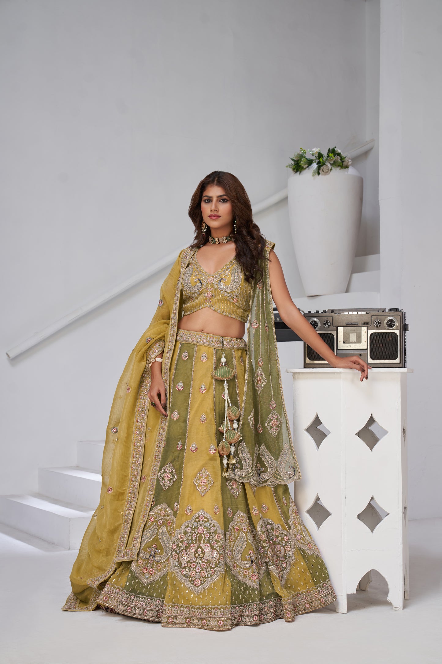 Yellow Double Dupatta Lehenga with Intricate Zari and Resham Work Georgette Tissue lehenga with Georgette Tissue dupatta 2170