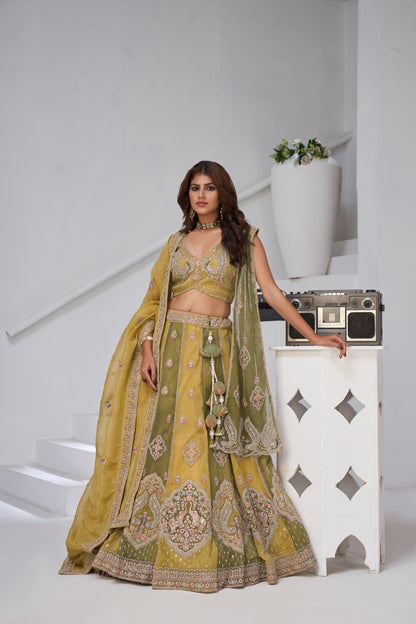 Yellow Double Dupatta Lehenga with Intricate Zari and Resham Work Georgette Tissue lehenga with Georgette Tissue dupatta 2170