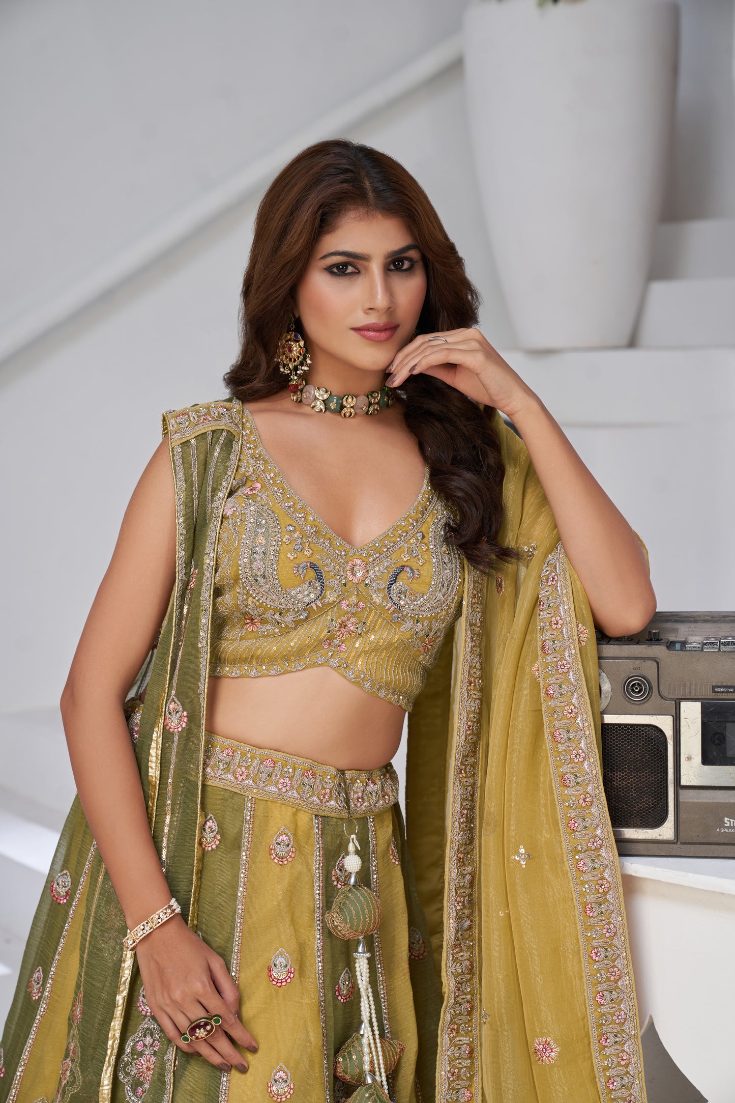 Yellow Double Dupatta Lehenga with Intricate Zari and Resham Work Georgette Tissue lehenga with Georgette Tissue dupatta 2170