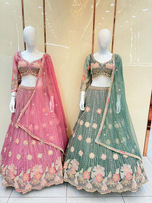 Pink green crop top Lehenga