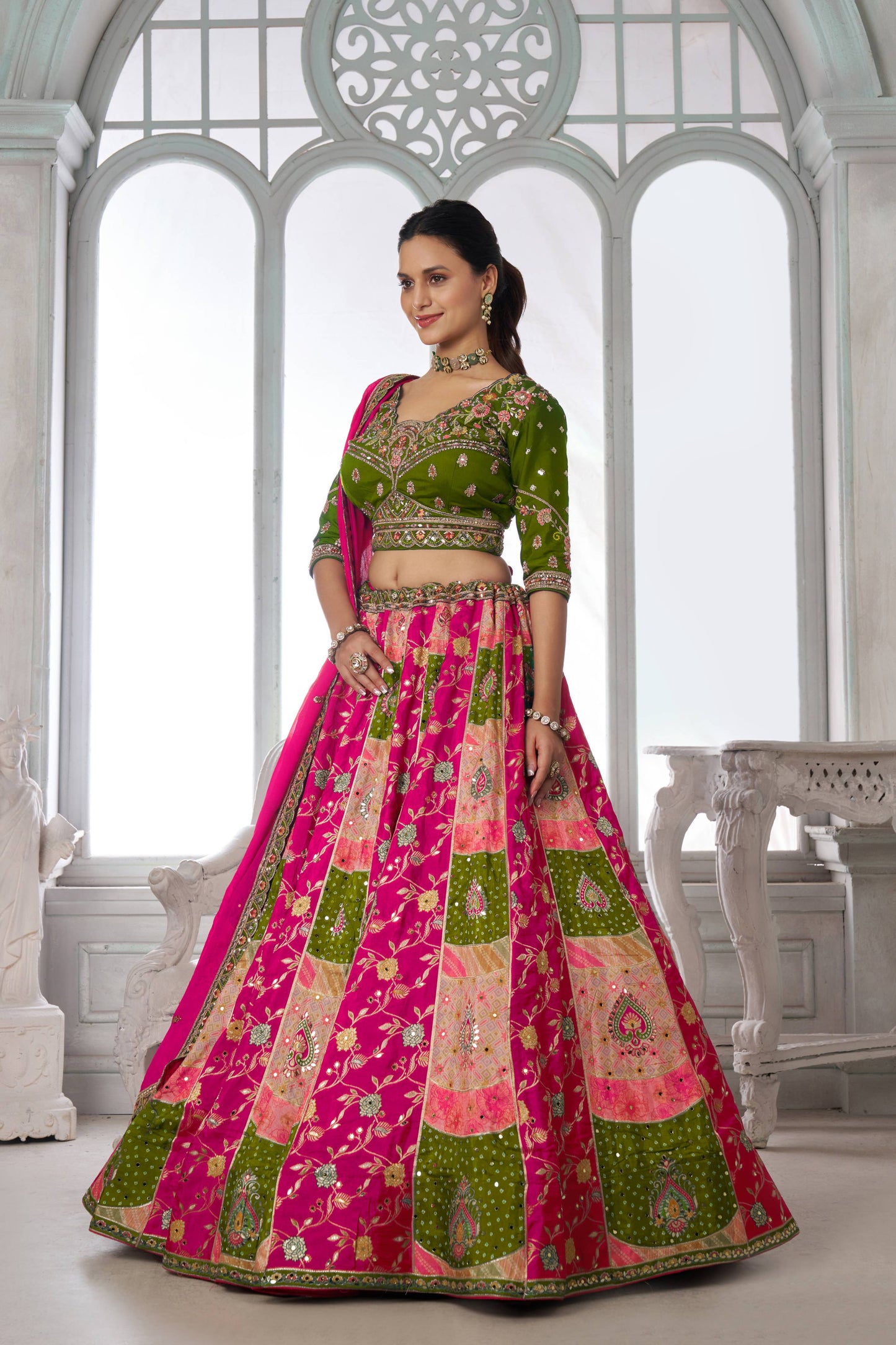 Green Pink Multikali Designer Lehenga 2226