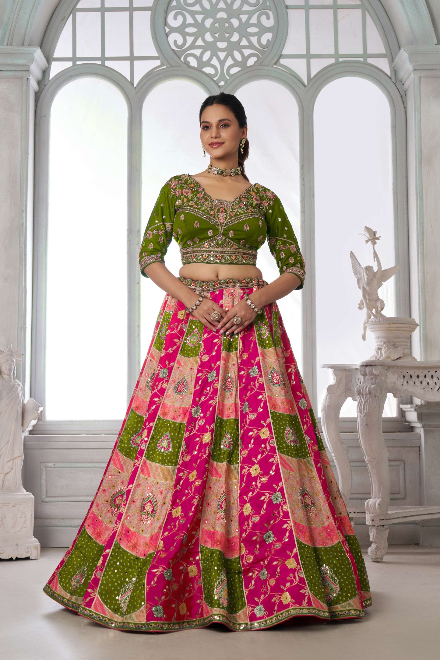 Green Pink Multikali Designer Lehenga 2226