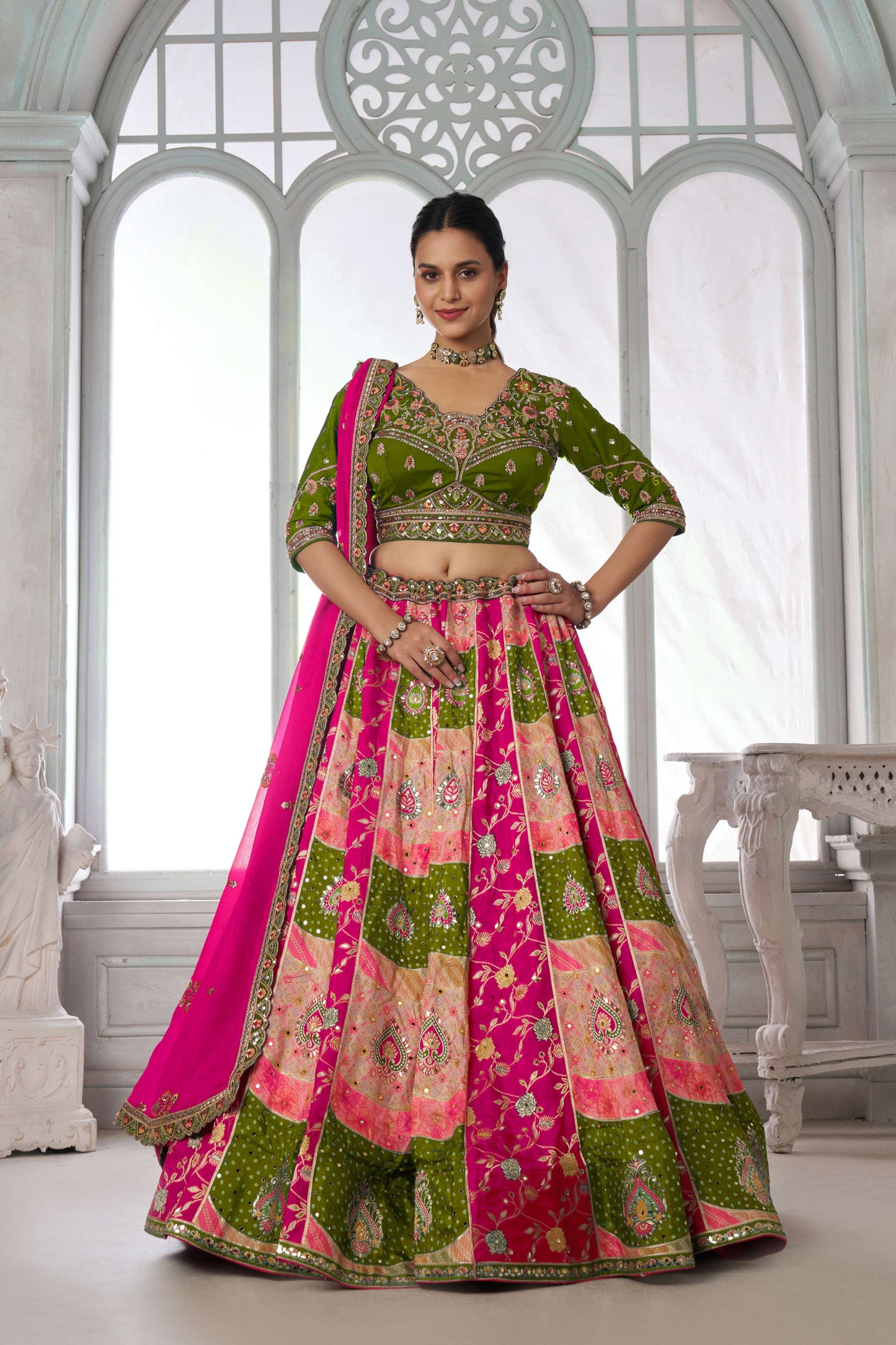 Green Pink Multikali Designer Lehenga 2226