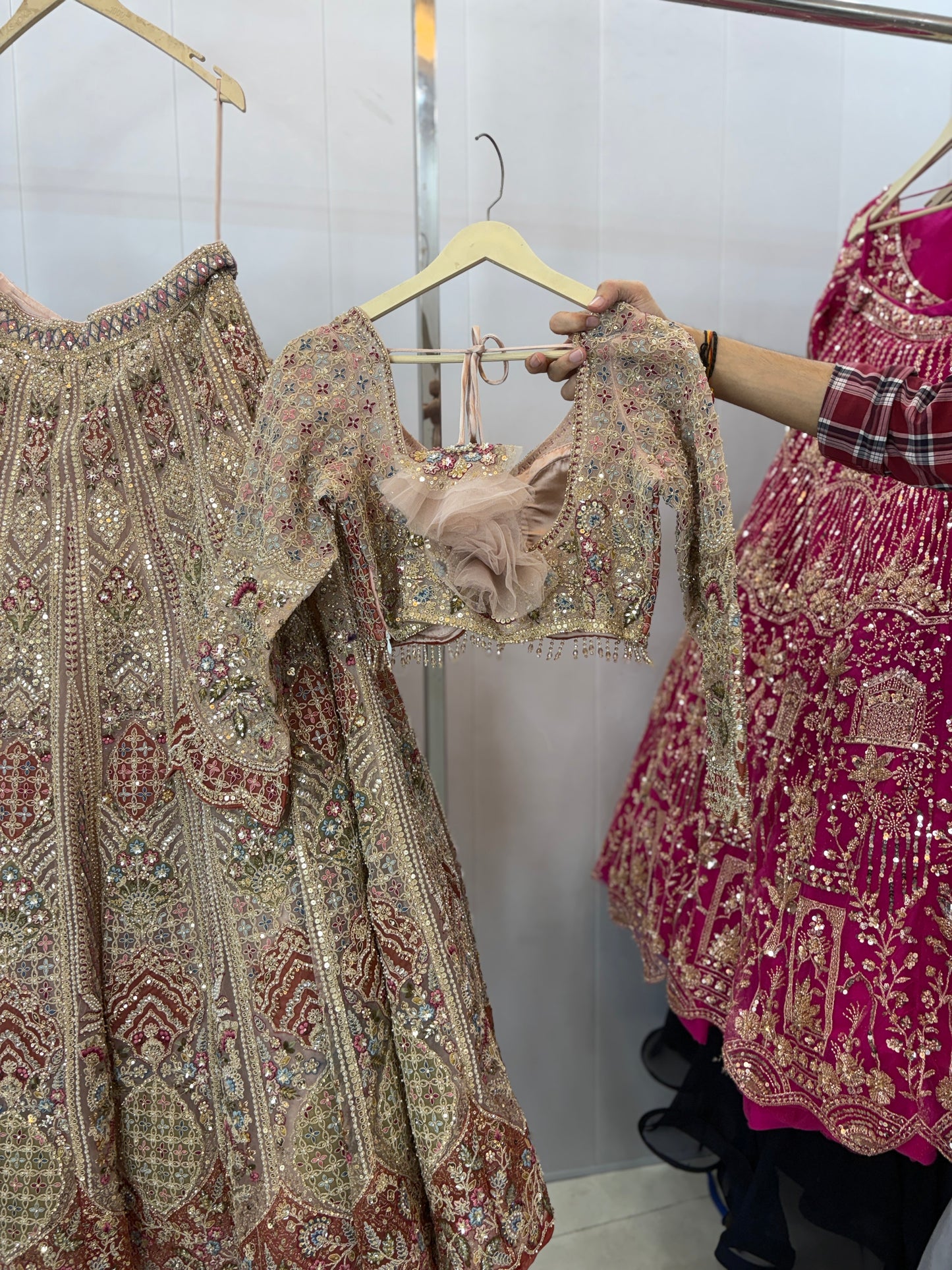 Beautiful Beige Golden Crop top Lehenga