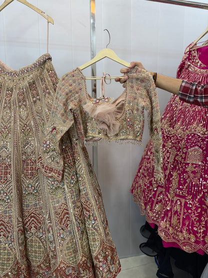 Beautiful Beige Golden Crop top Lehenga