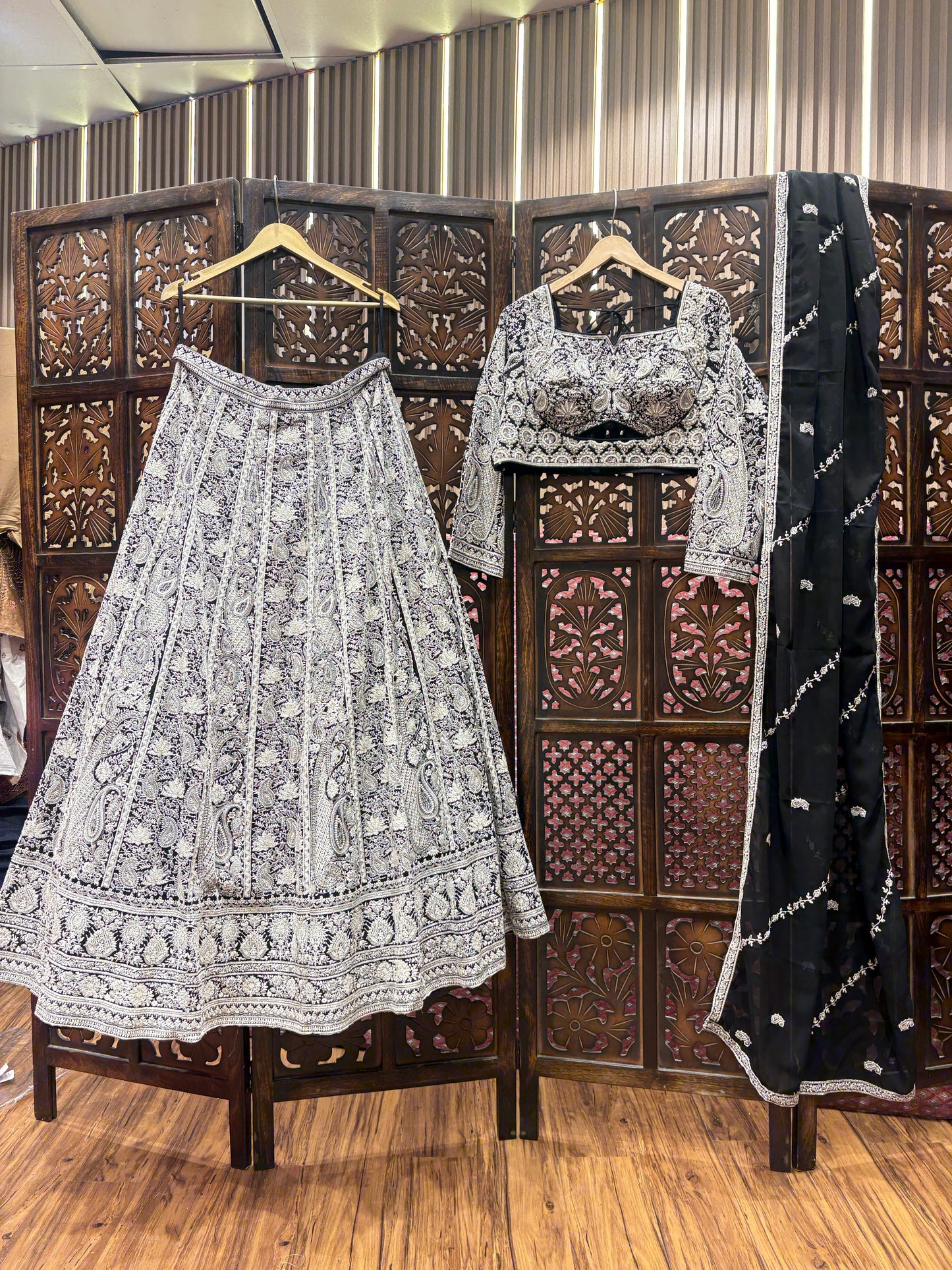 Delightful white black crop top Lehenga