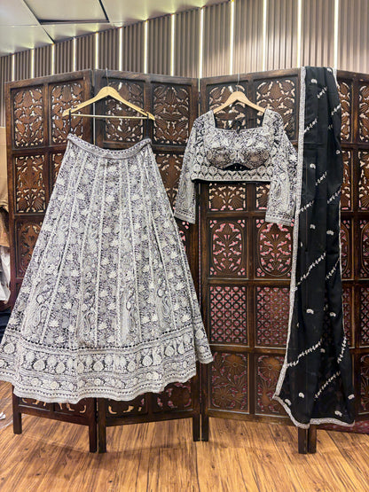 Delightful white black crop top Lehenga