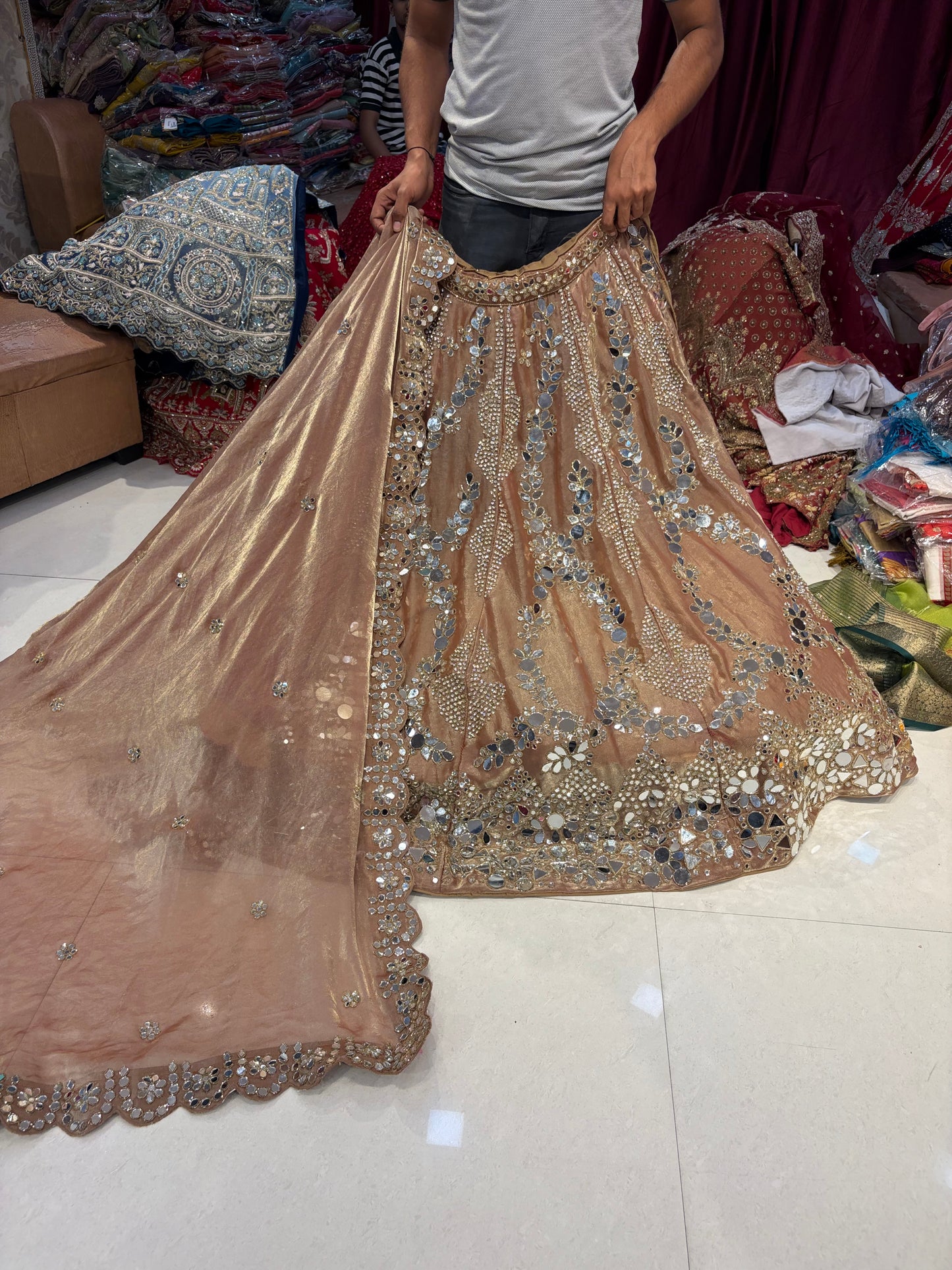 गोल्डन पीच मिरर हैंडवर्क लहंगा