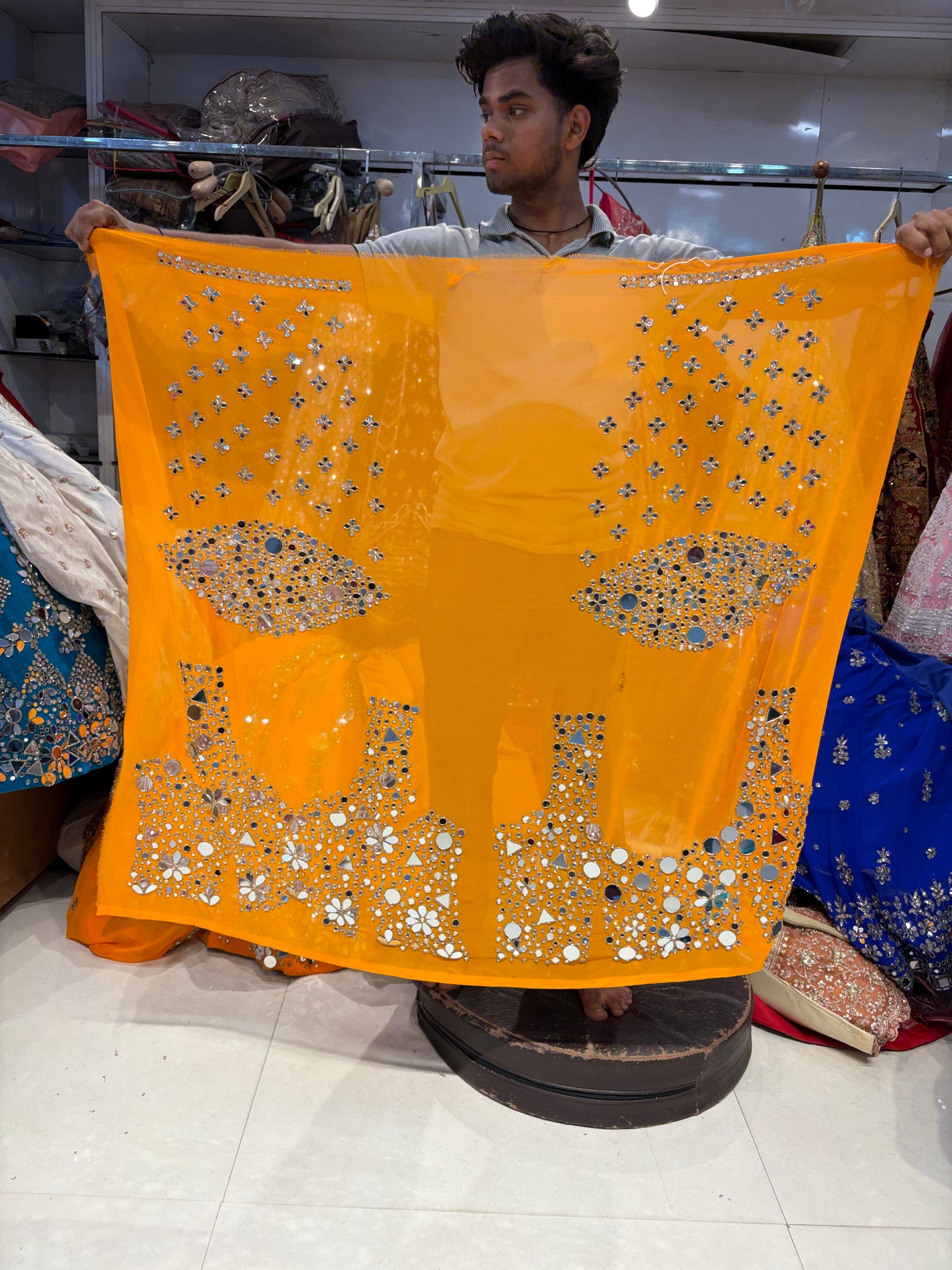 Sparkling Rust Orange Mirror Work Lehenga