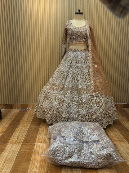 Golden brown mustard lavender Crop top Lehenga