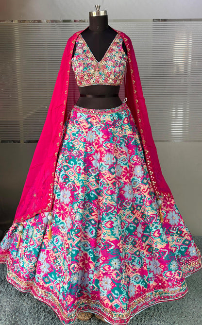 Hot Pink Multicolour Crop Top Lehenga