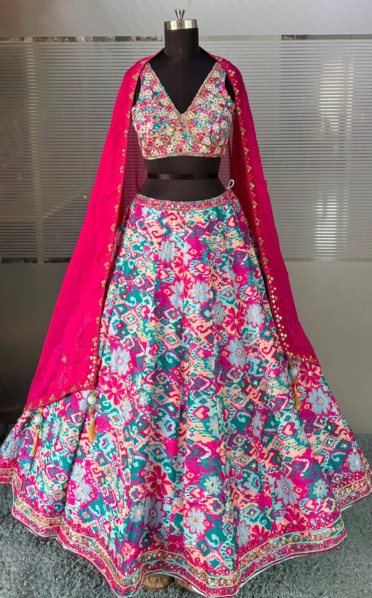 Hot Pink Multicolour Crop Top Lehenga