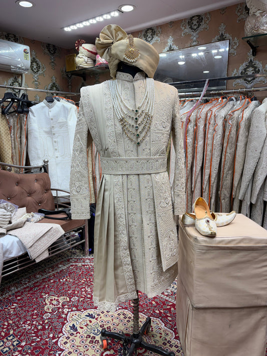 Beige golden White sherwani