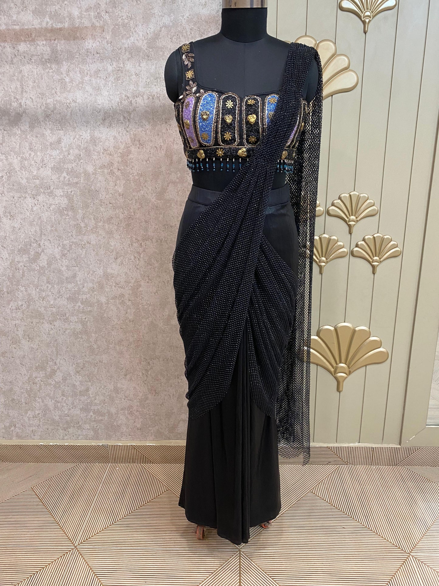 Black Designer Ready To Wear Drape Saree