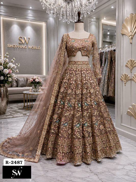 Brown Golden Crop Top Lehenga