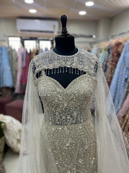 White fish cut gown Lehenga