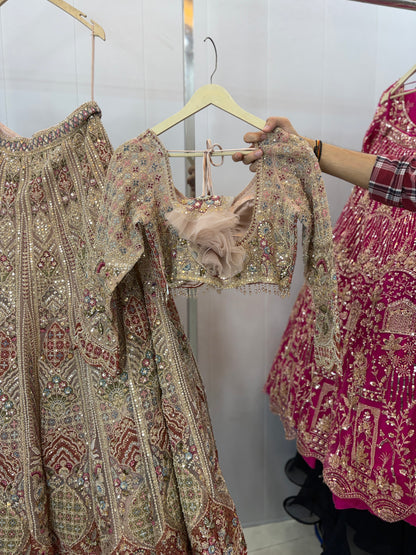 Beautiful Beige Golden Crop top Lehenga