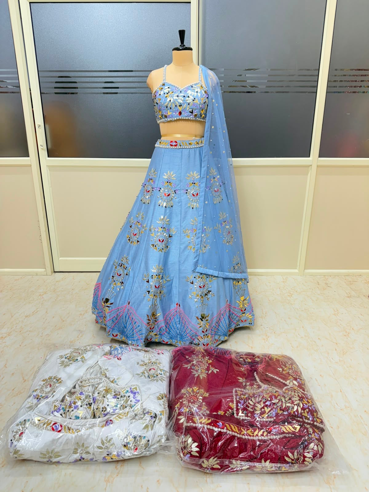 white blue red Crop top Lehenga