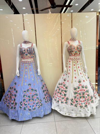White blue crop top Lehenga