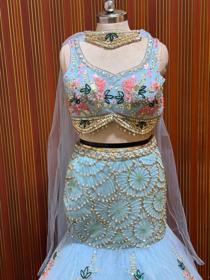 Blue pink white fish cut crop top Lehenga