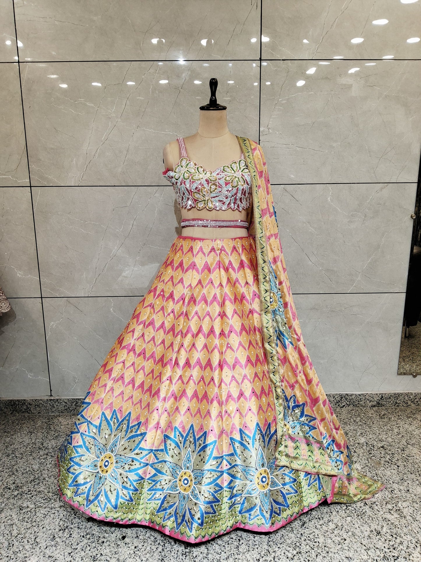 Green yellow orange pdp crop top Lehenga