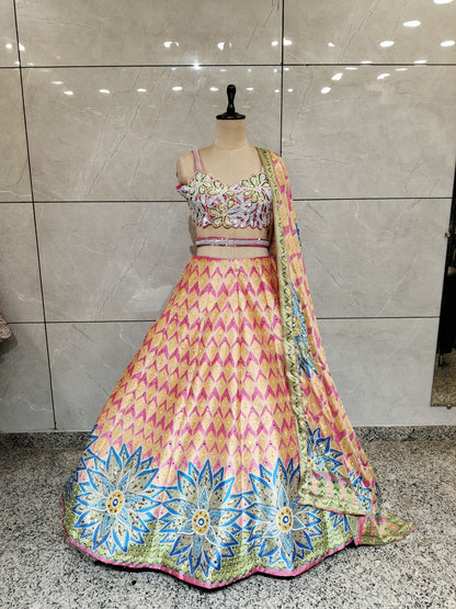Green yellow orange pdp crop top Lehenga