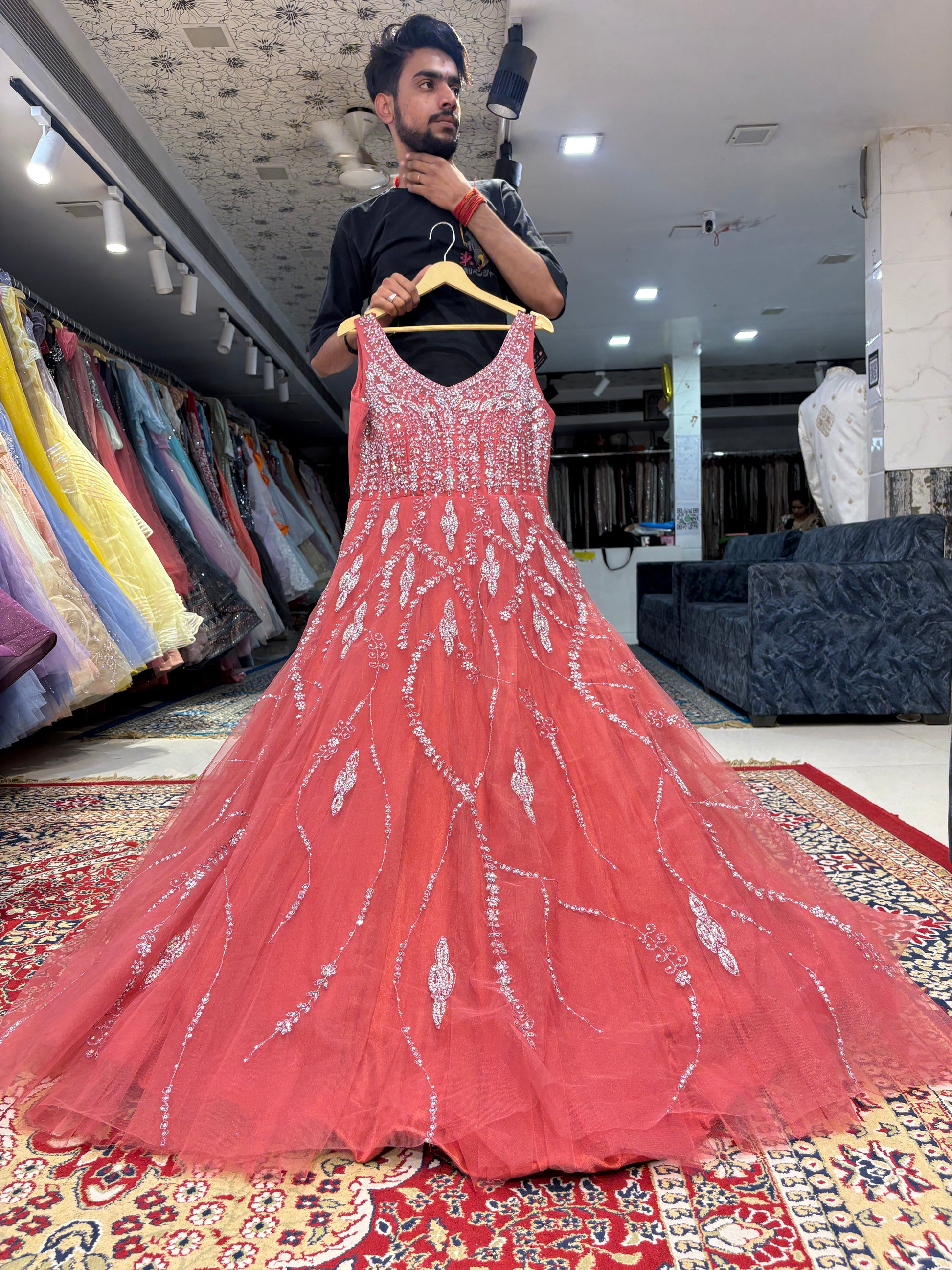 red and peach dress Long Peach Dress Silk Dress, Partywear Floor Length Dress with red flo